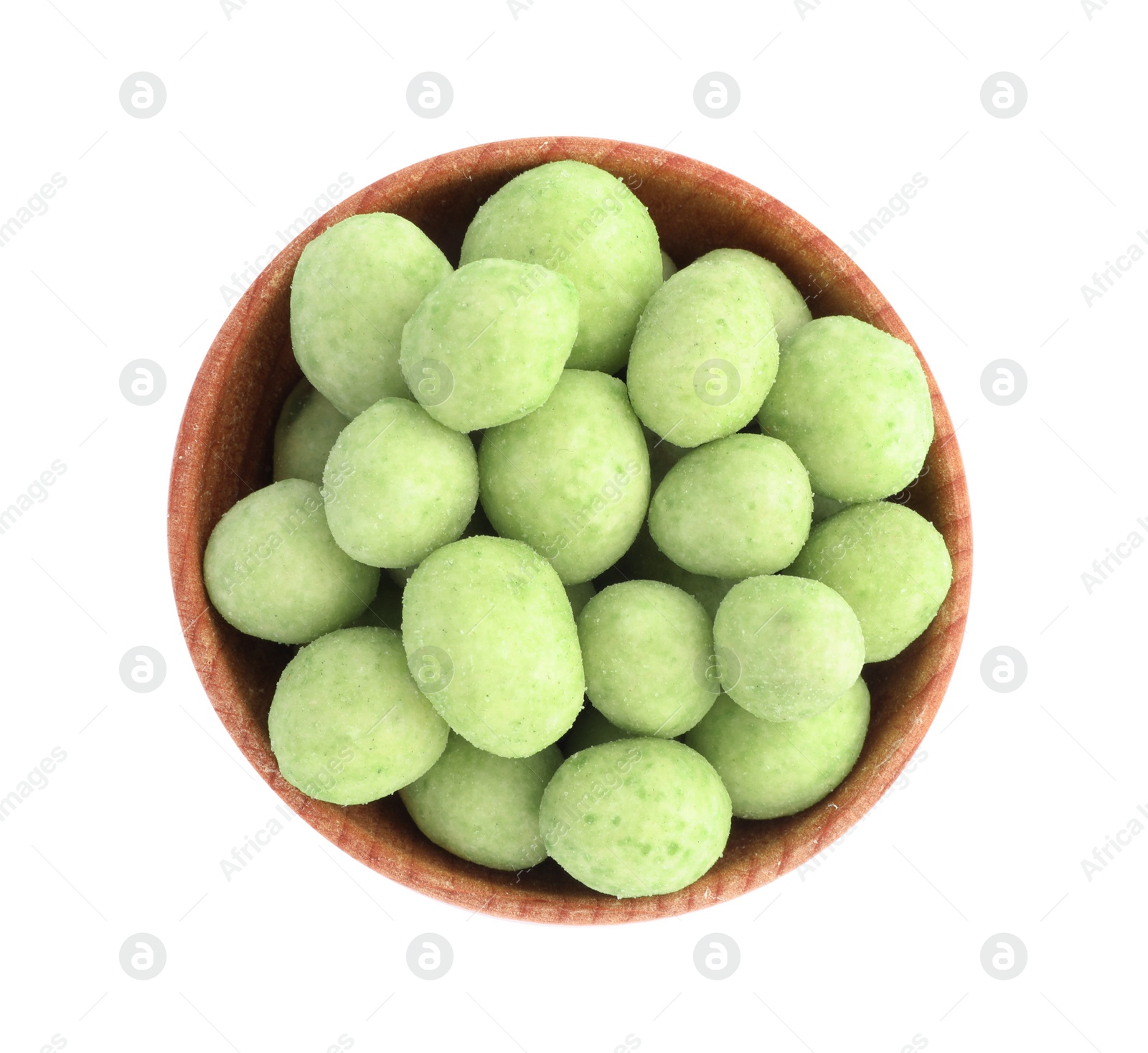 Photo of Tasty wasabi coated peanuts in wooden bowl on white background, top view