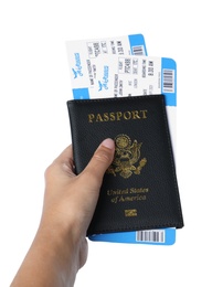 Photo of Woman holding passport with tickets on white background, closeup. Travel agency concept