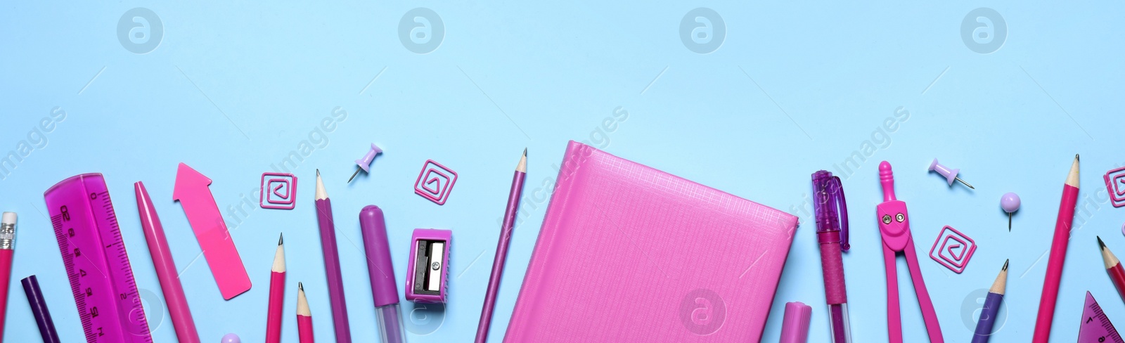 Image of Different stationery on light blue background, flat lay. Banner design