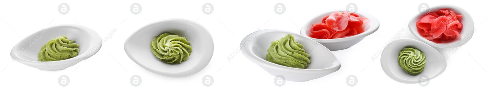 Image of Set with spicy wasabi paste and pickled ginger on white background. Banner design