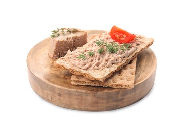 Photo of Crispy crackers with delicious meat pate, tomato and thyme isolated on white