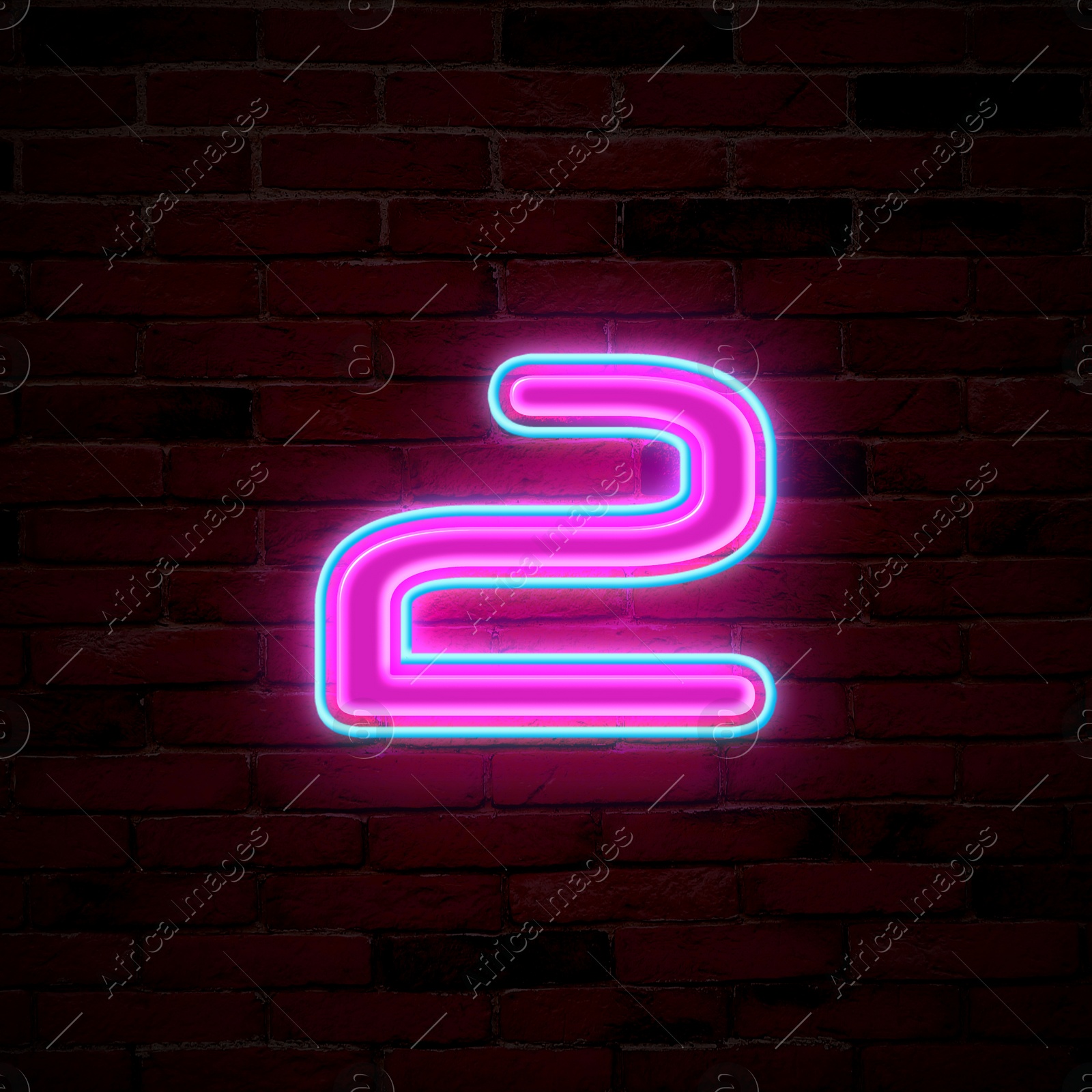 Image of Glowing neon number 2 sign on brick wall