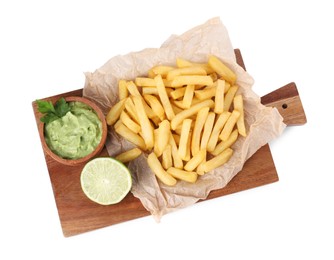 Photo of Serving board with delicious french fries, avocado dip and lime isolated on white, top view