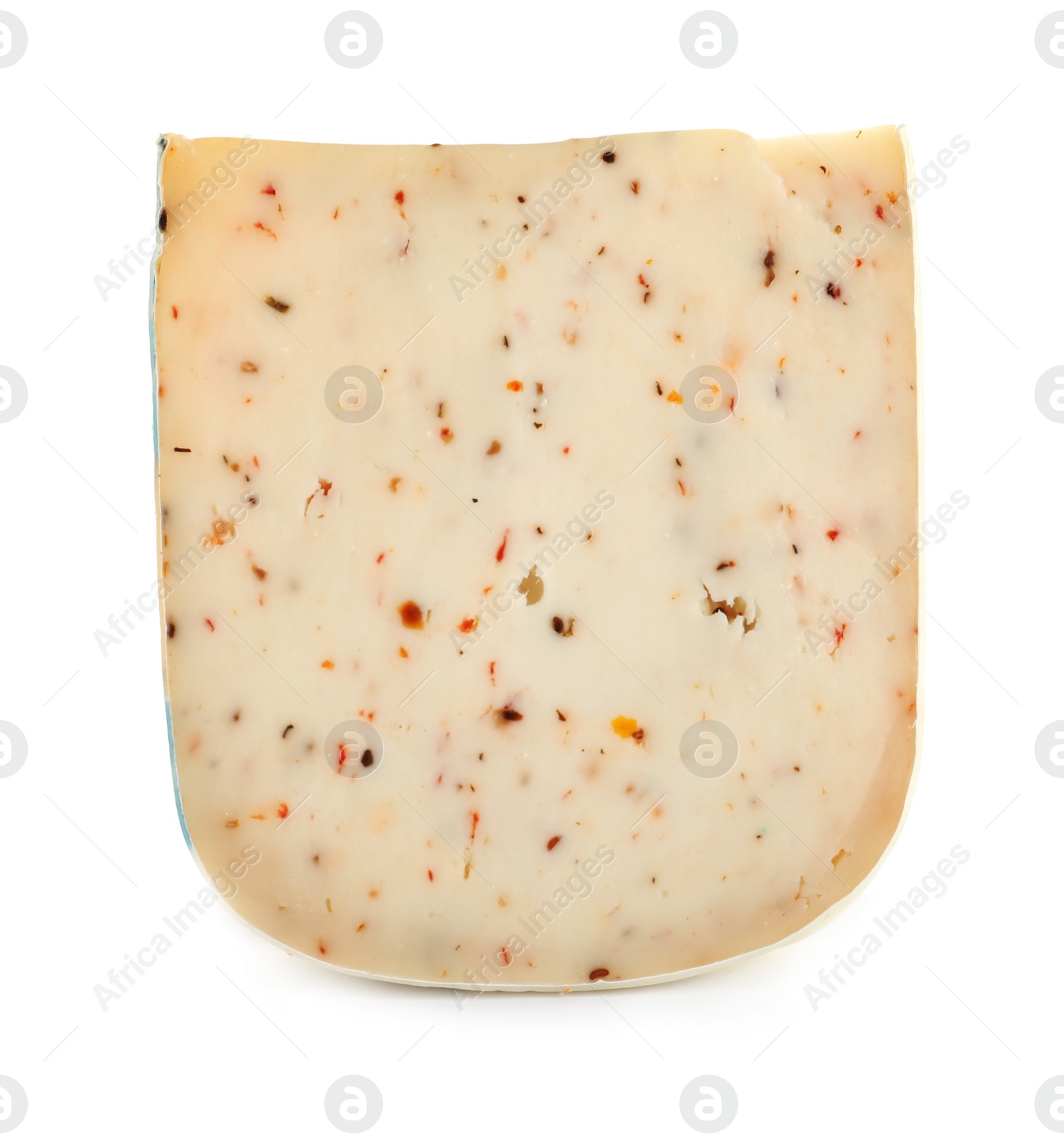 Photo of Piece of tasty cheese with basil and paprika isolated on white