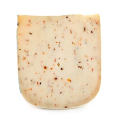 Photo of Piece of tasty cheese with basil and paprika isolated on white