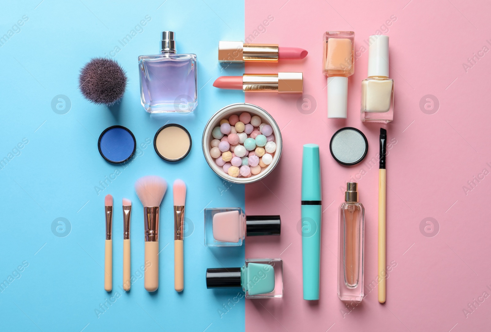 Photo of Flat lay composition with decorative cosmetics on color background