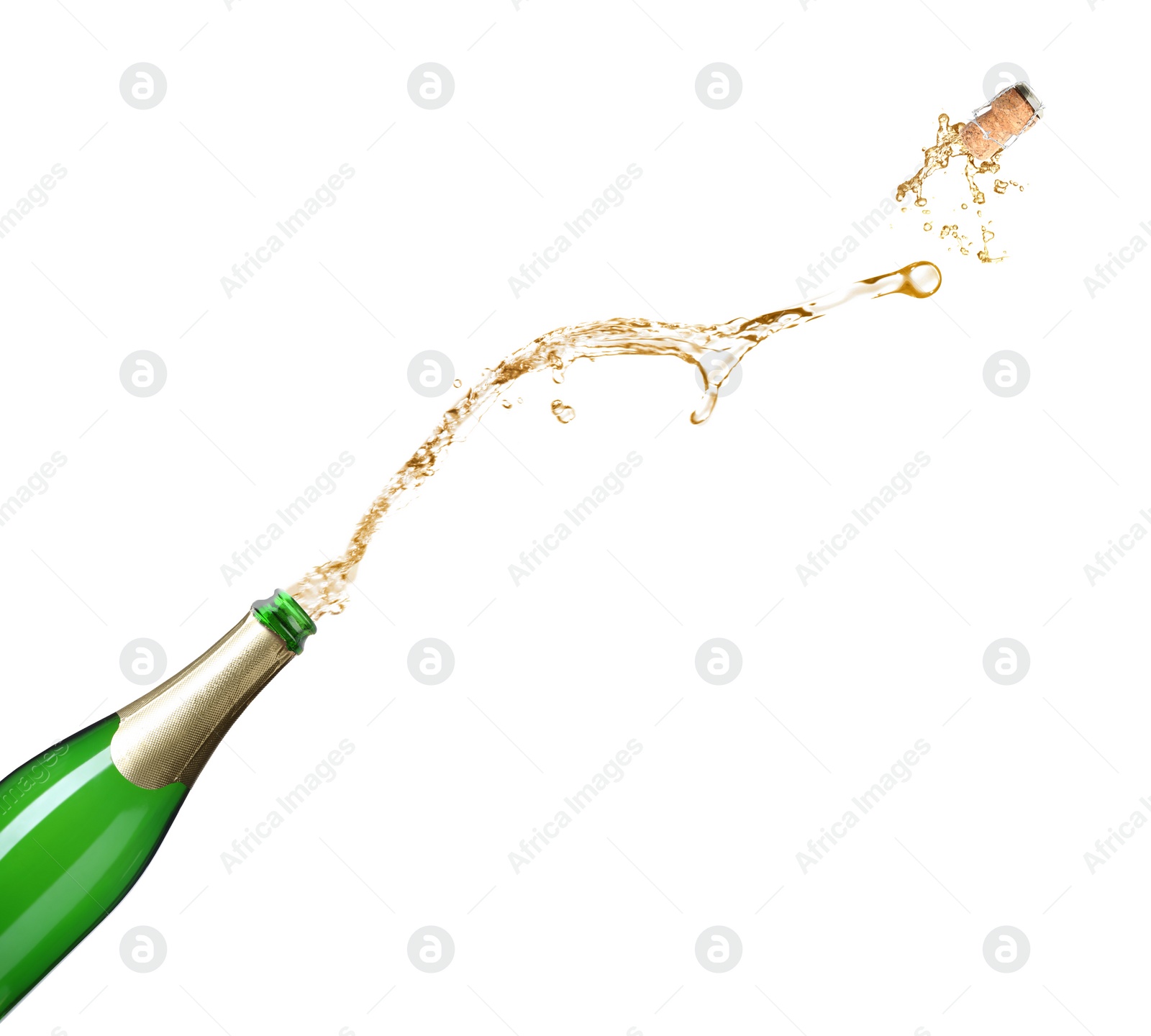 Image of Champagne splashing out of bottle on white background 