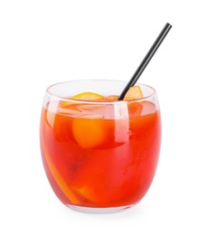 Photo of Aperol spritz cocktail, straw and orange slices in glass isolated on white