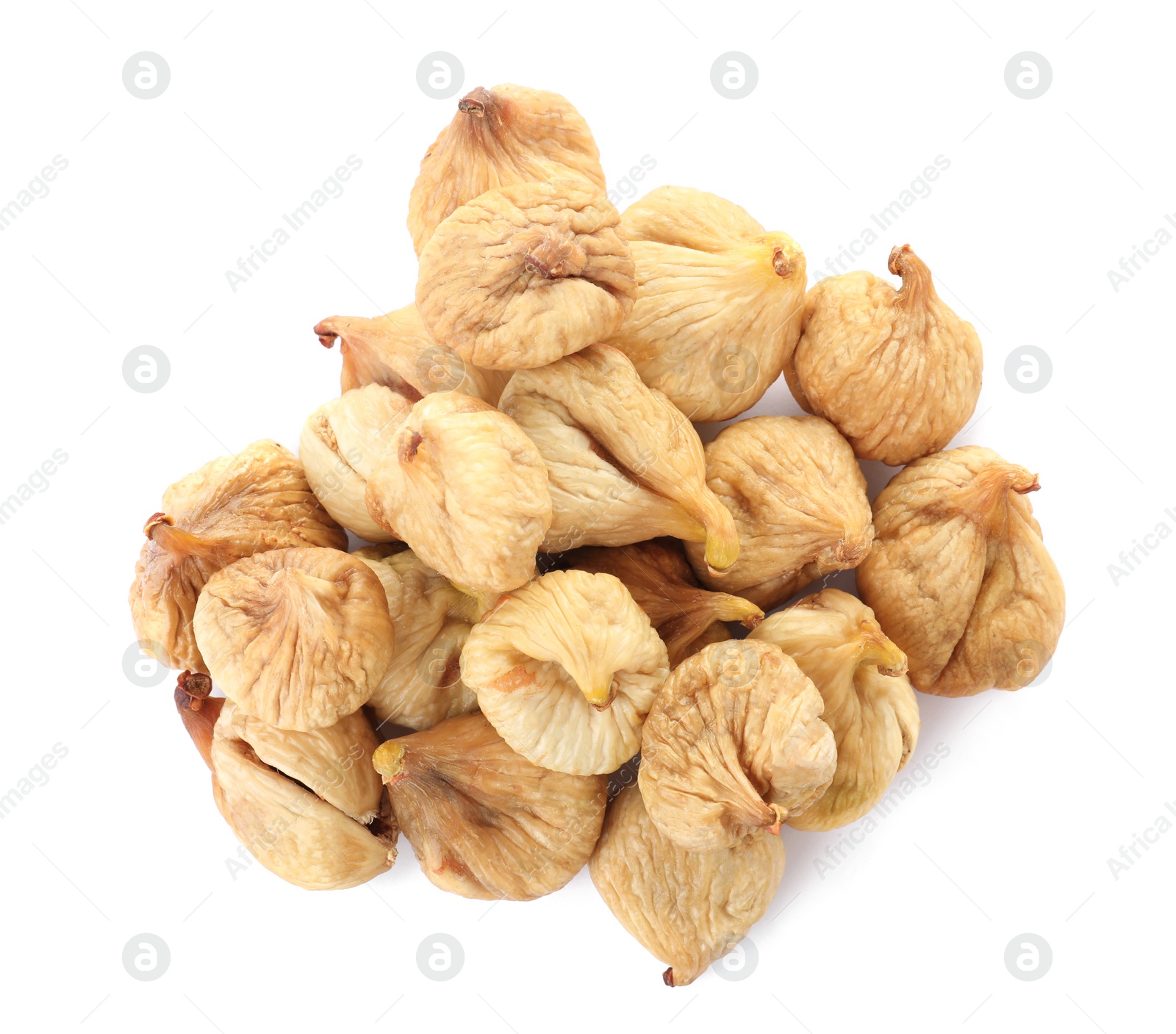 Photo of Tasty figs on white background, top view. Dried fruit as healthy food