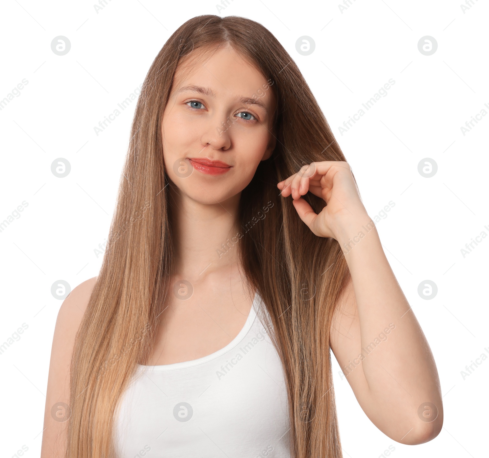 Photo of Teenage girl with strong healthy hair on white background