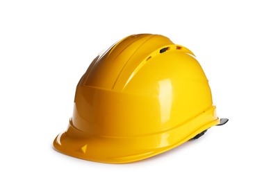 Protective hard hat on white background. Safety equipment