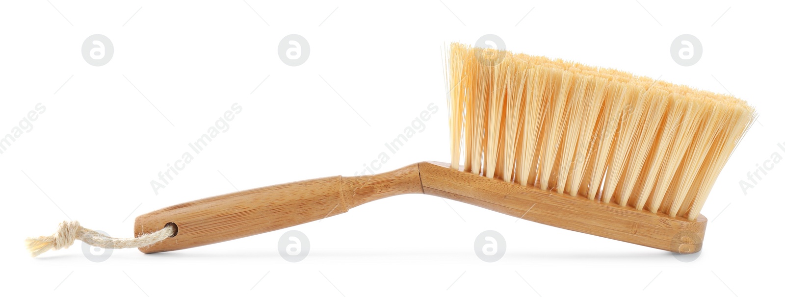Photo of Wooden brush isolated on white. Cleaning tool