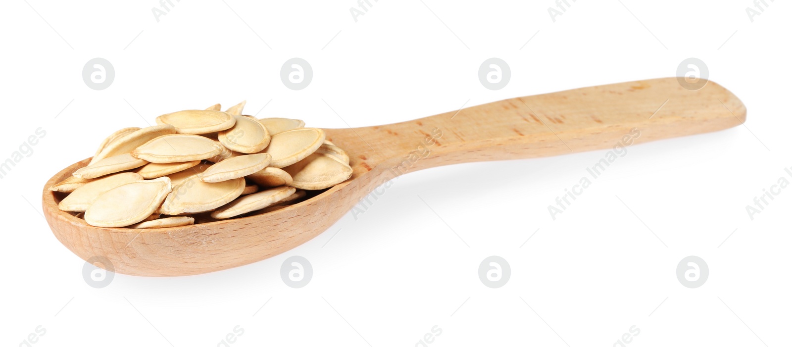 Photo of Wooden spoon with pumpkin seeds isolated on white