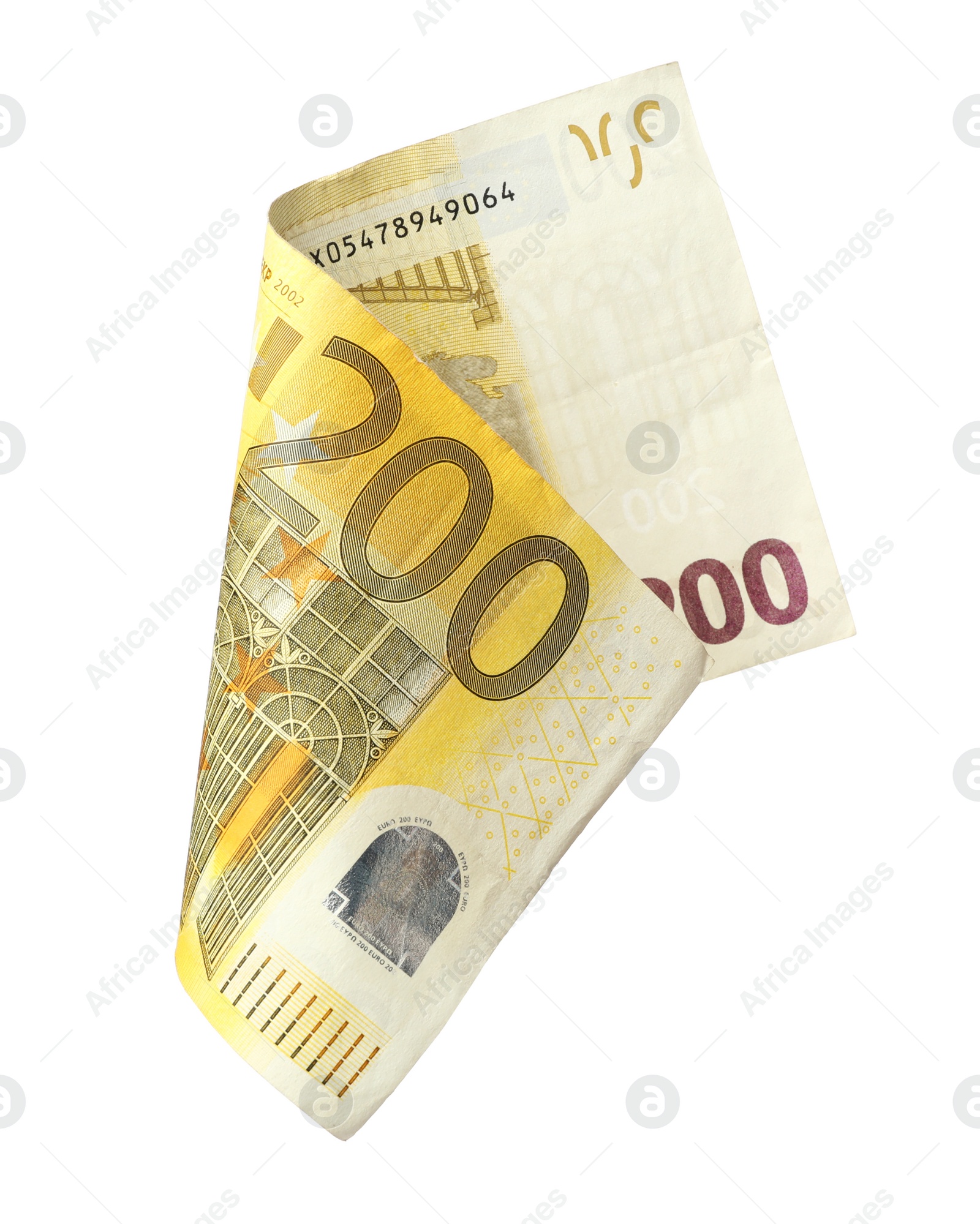 Photo of Flying two hundred Euro banknote isolated on white