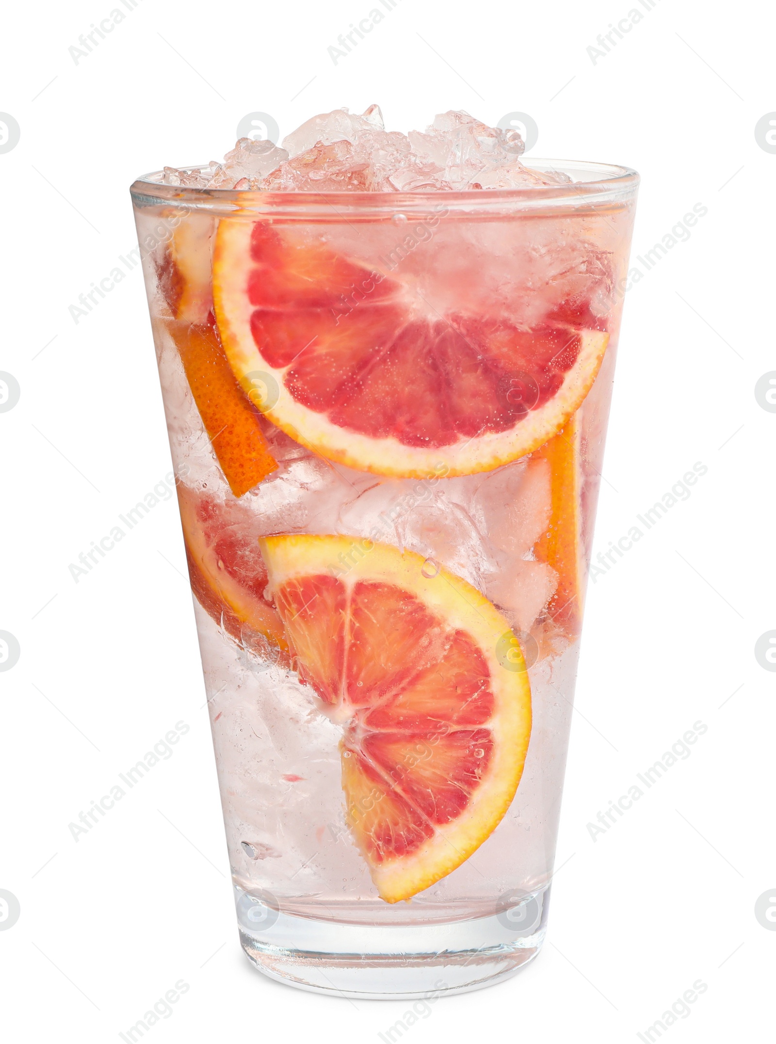 Photo of Delicious refreshing drink with sicilian orange and ice cubes in glass isolated on white