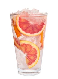 Delicious refreshing drink with sicilian orange and ice cubes in glass isolated on white