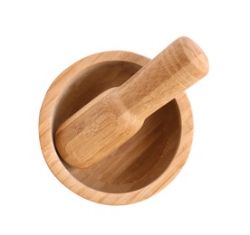 Wooden mortar and pestle on white background, top view