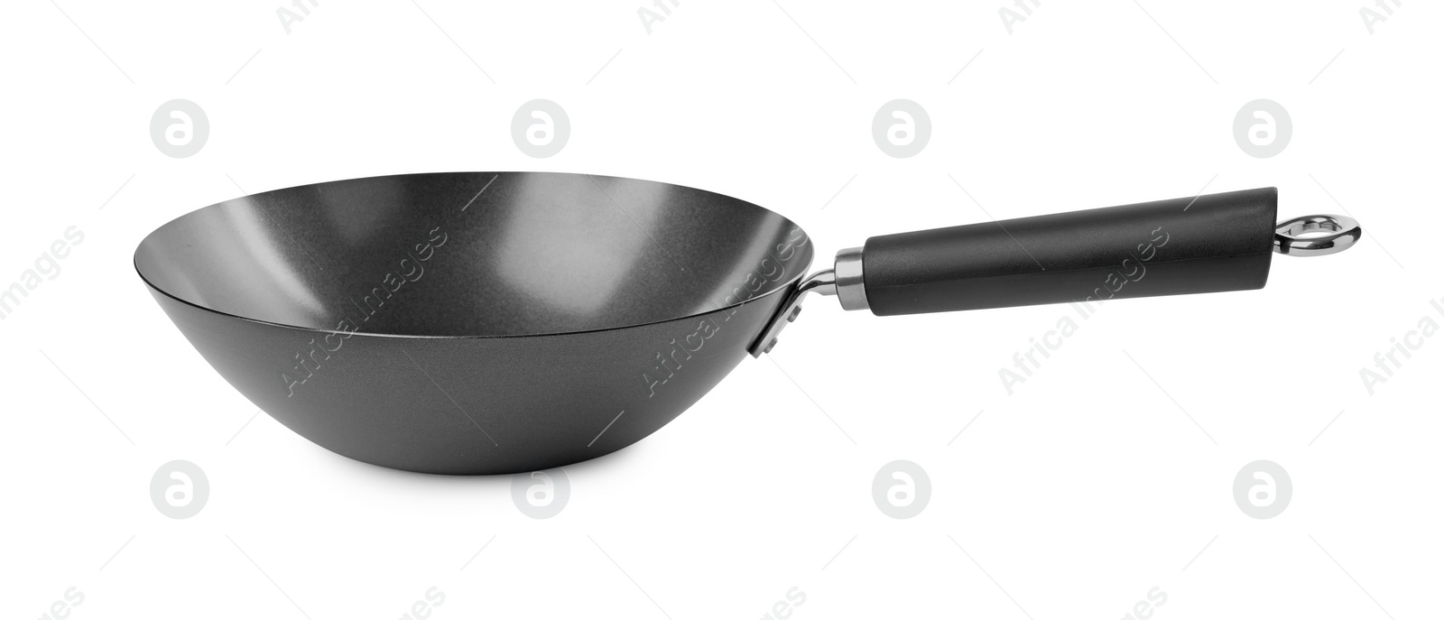 Photo of One empty metal wok isolated on white