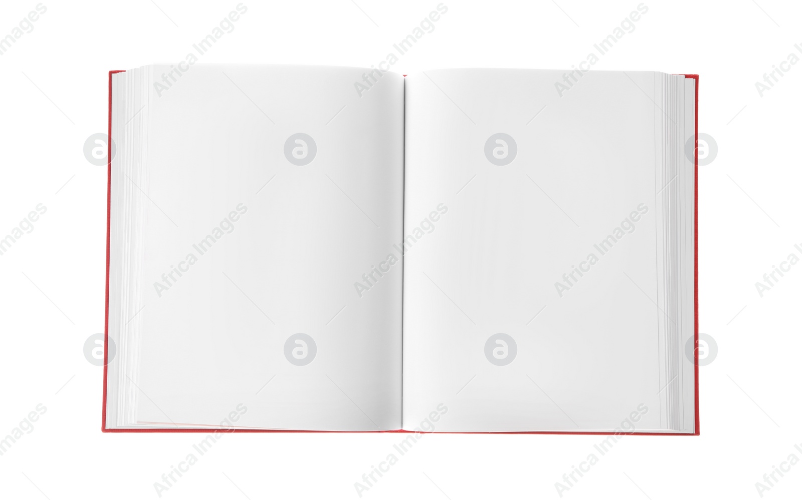 Photo of Open book with red cover on white background, top view. Mockup for design