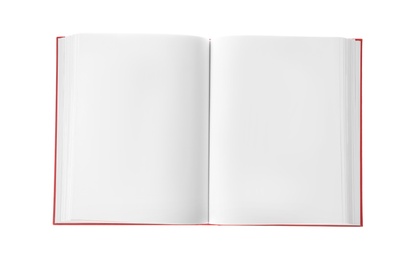 Photo of Open book with red cover on white background, top view. Mockup for design