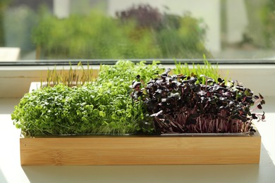 Photo of Different fresh microgreens in wooden crate on windowsill indoors