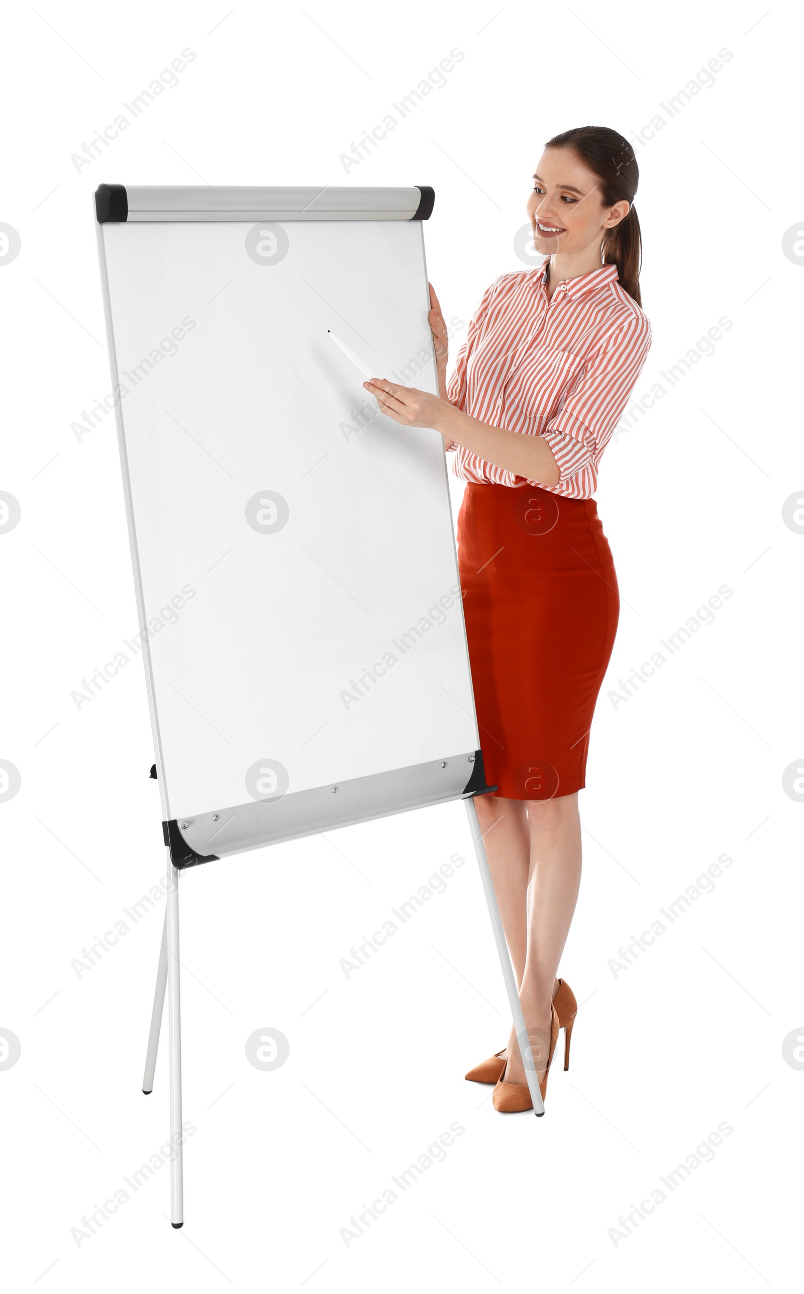 Photo of Professional business trainer near flip chart board on white background. Space for text