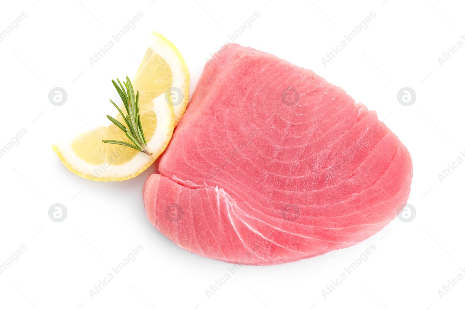 Photo of Raw tuna fillet with lemon slices and rosemary on white background, top view