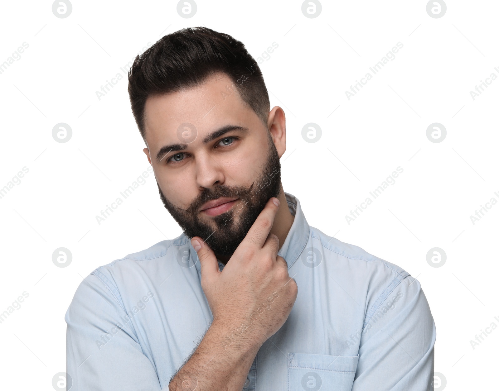 Photo of Portrait of young man with mustache on white background