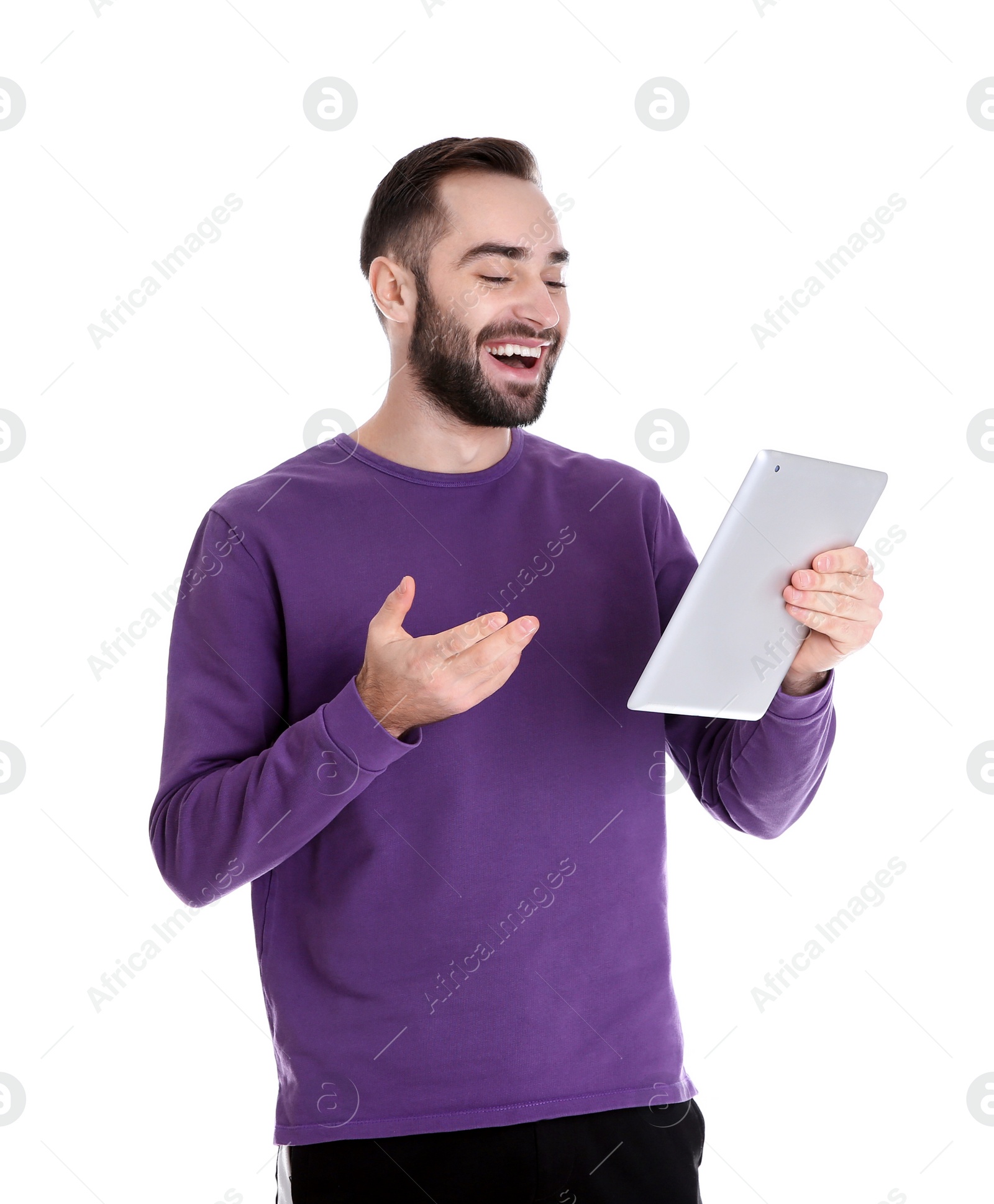 Photo of Man using tablet for video chat isolated on white