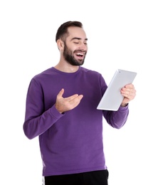 Man using tablet for video chat isolated on white