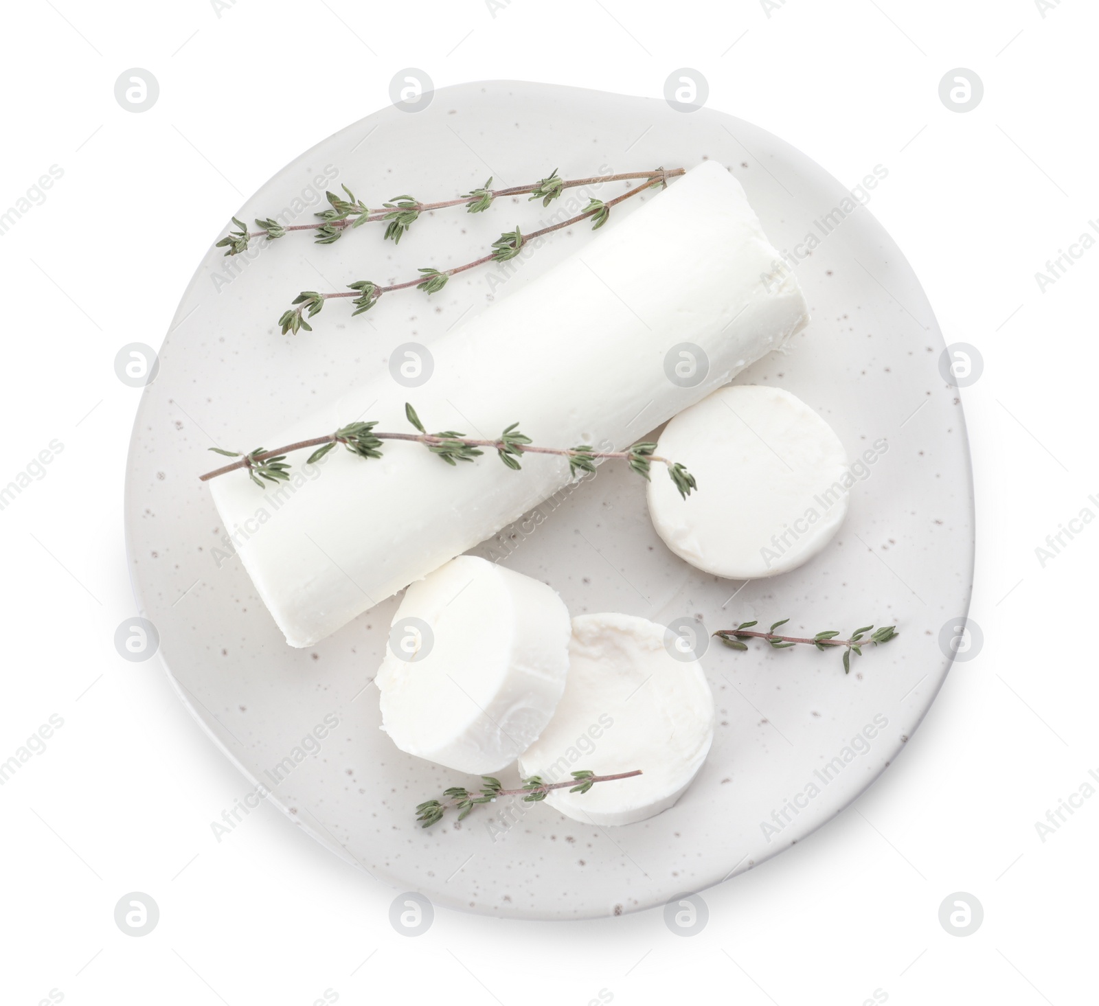 Photo of Delicious goat cheese with thyme on white background, top view