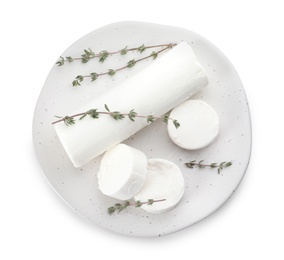 Delicious goat cheese with thyme on white background, top view