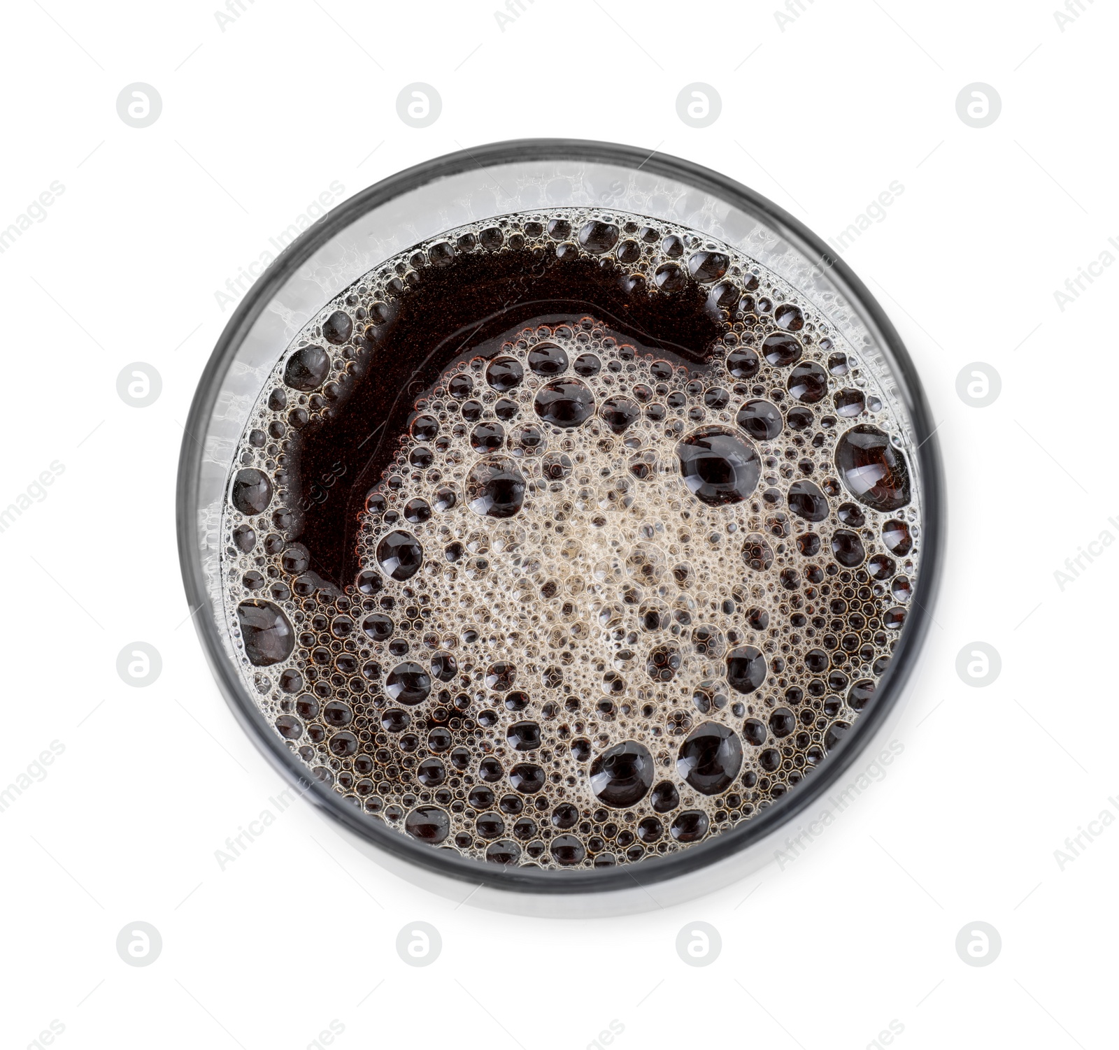 Photo of Full glass of beer isolated on white, top view