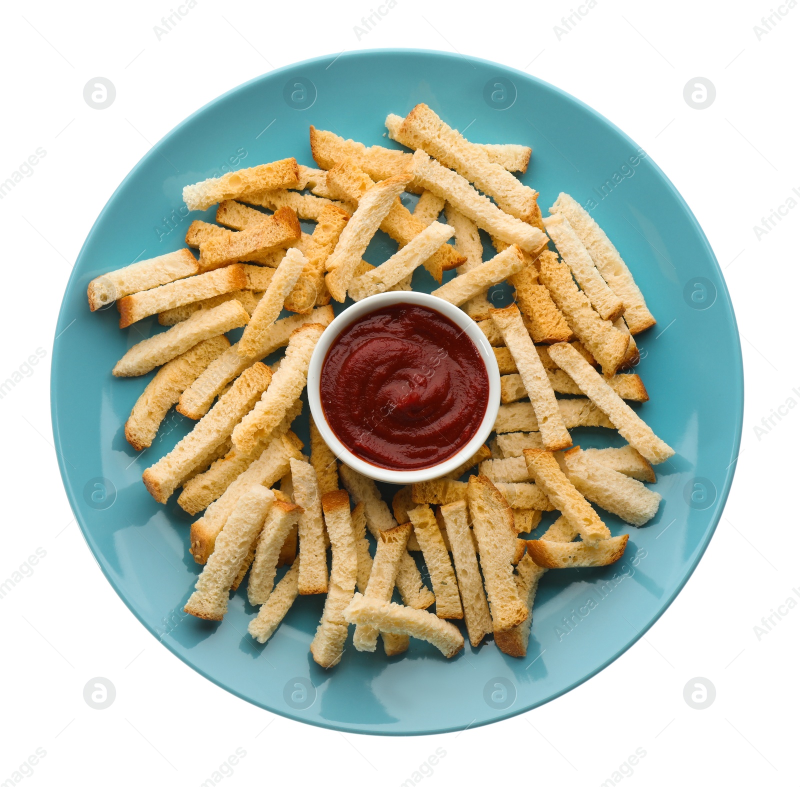 Photo of Delicious hard chucks with ketchup on white background, top view