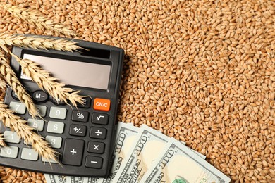 Photo of Dollar banknotes, calculator and wheat ears on grains, top view. Agricultural business