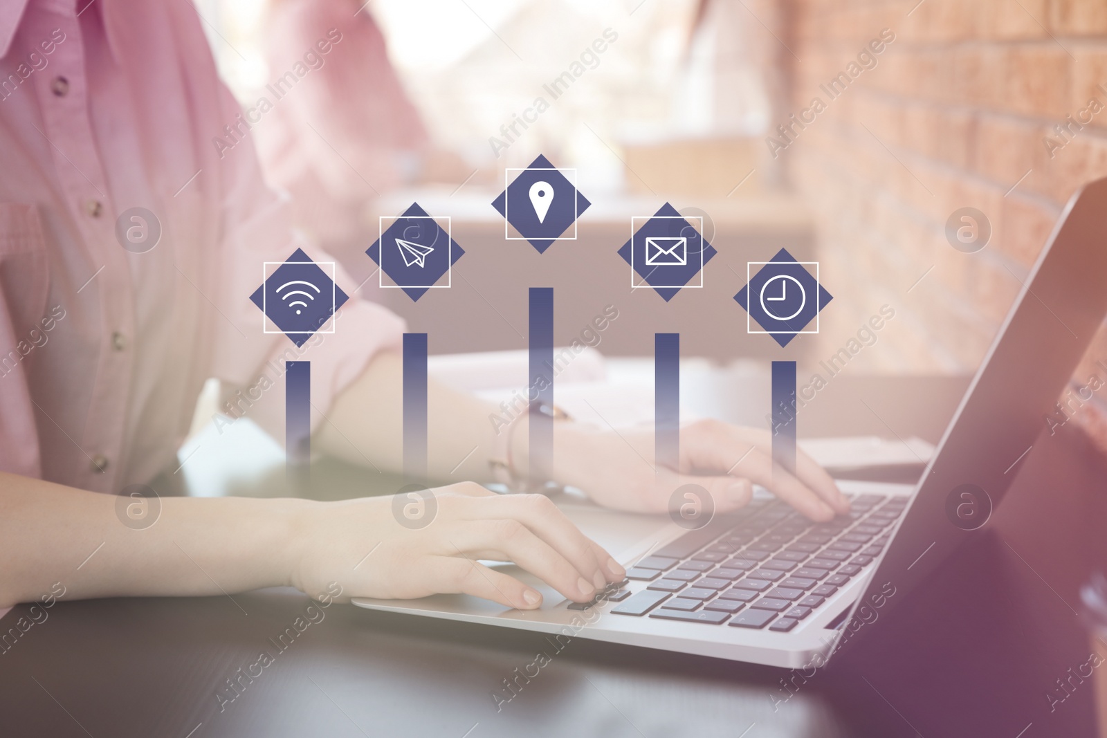 Image of Businesswoman working with laptop indoors, closeup. Digital marketing