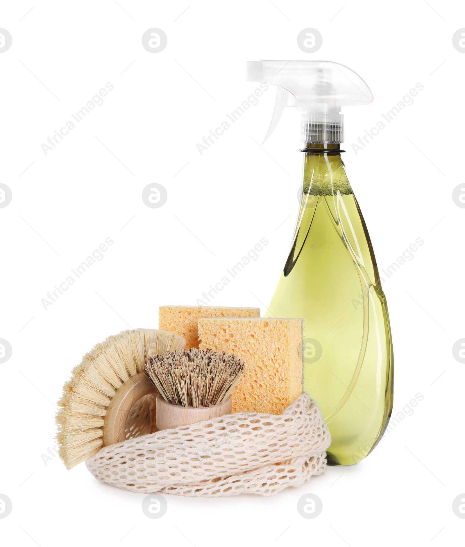 Photo of Spray bottle of cleaning product, brushes, sponges and net bag isolated on white