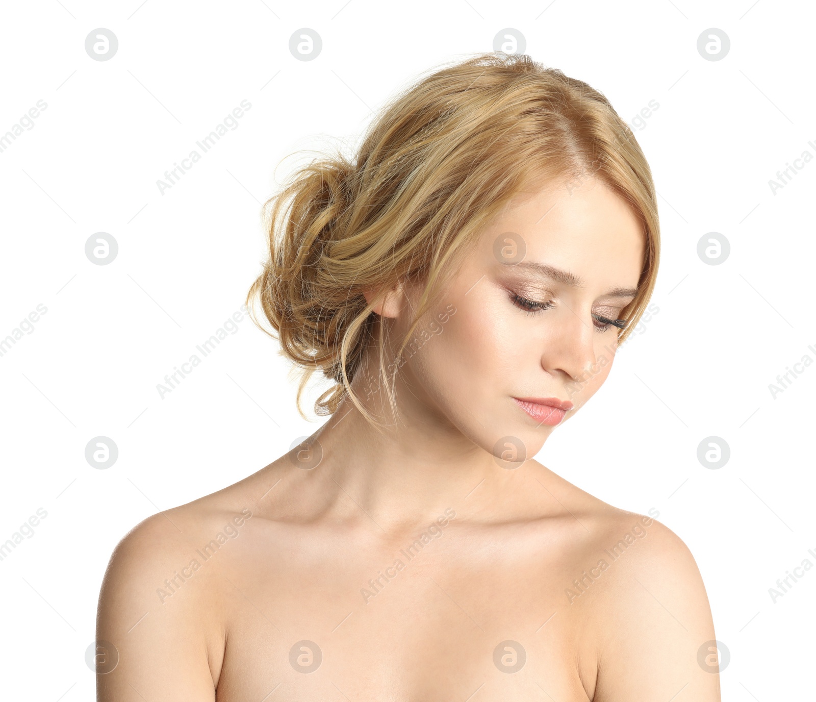 Photo of Portrait of beautiful woman with blonde hair on white background