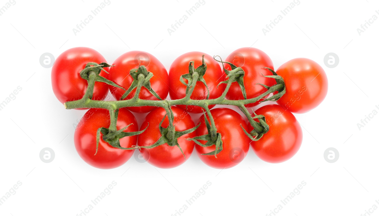 Photo of Branch of fresh cherry tomatoes isolated on white, top view