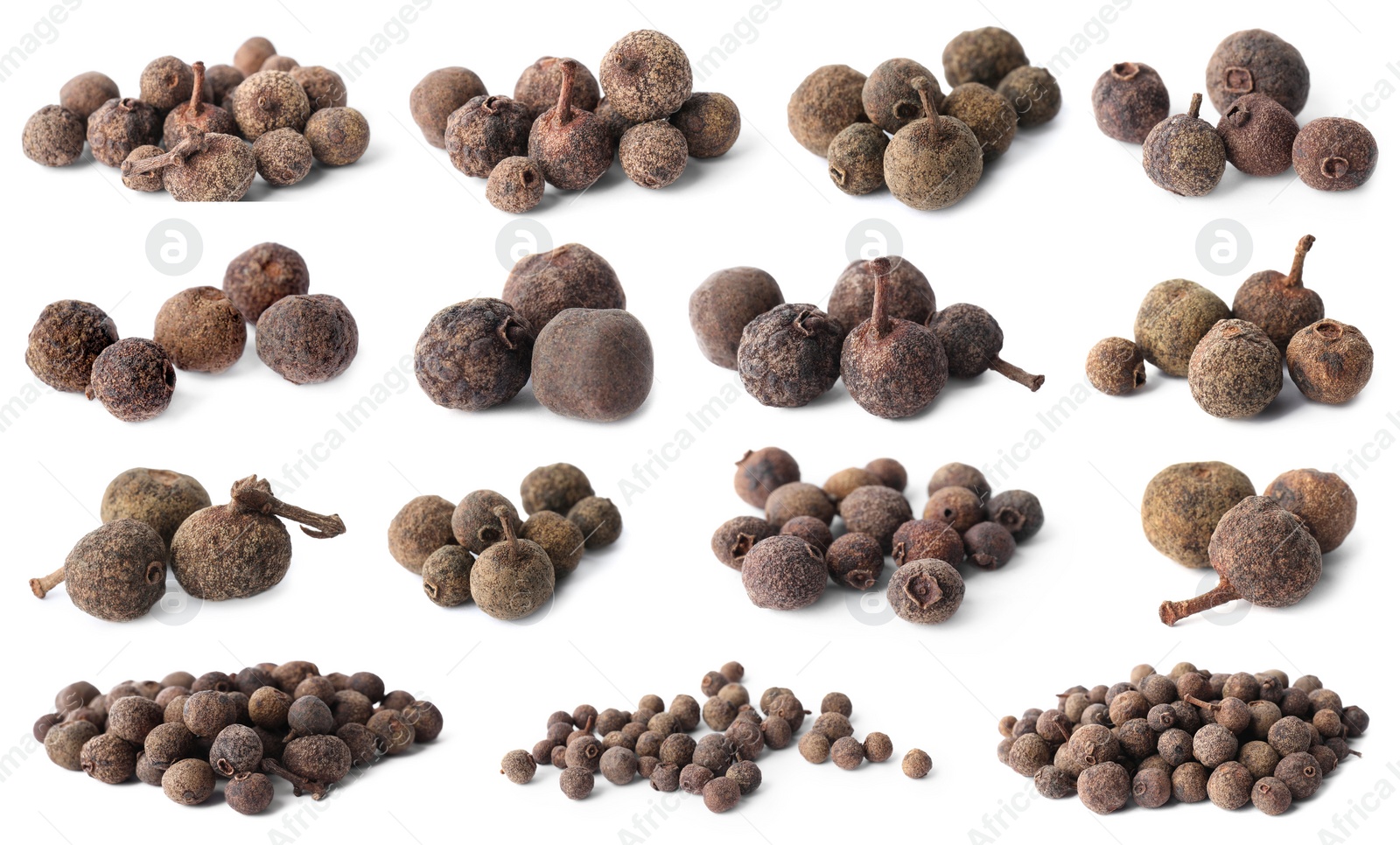 Image of Set of different peppercorns on white background