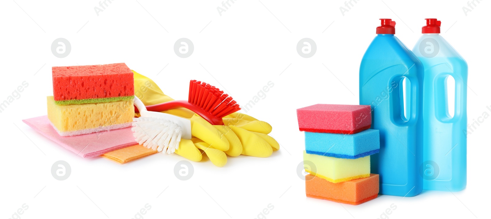 Image of Set with different cleaning supplies on white background, banner design