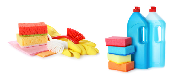 Image of Set with different cleaning supplies on white background, banner design