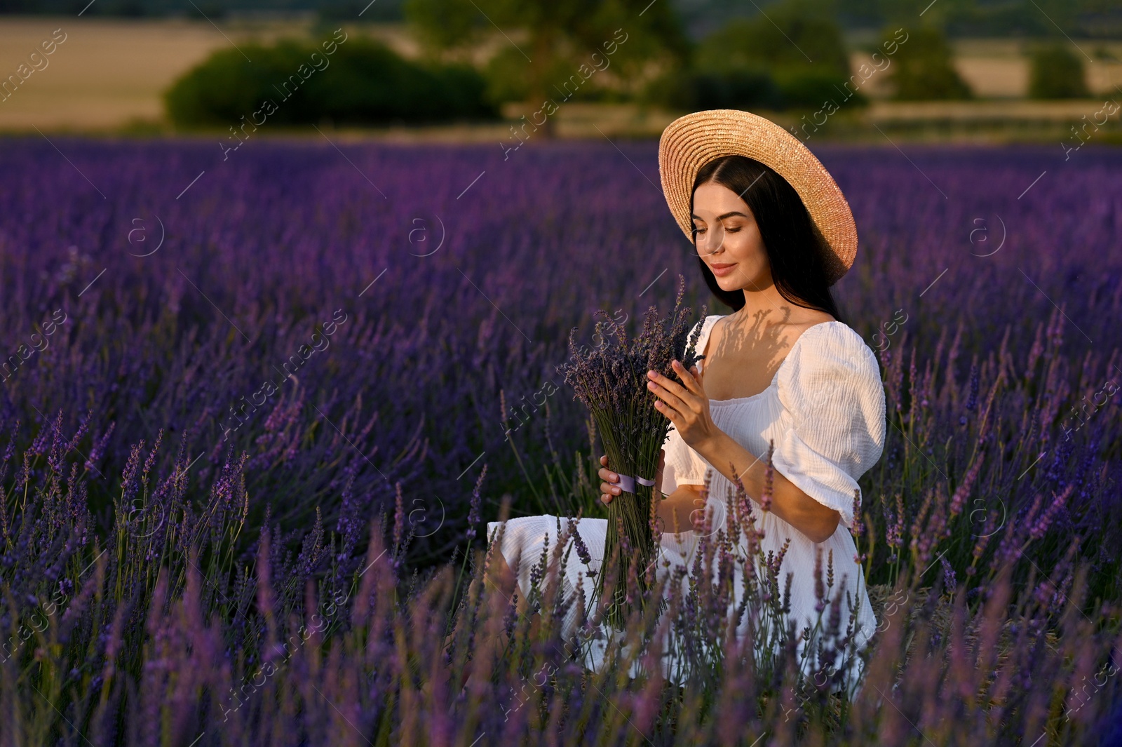 Photo of Beautiful young woman with bouquet sitting in lavender field