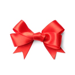 Photo of Red ribbon with bow on white background. Festive decoration