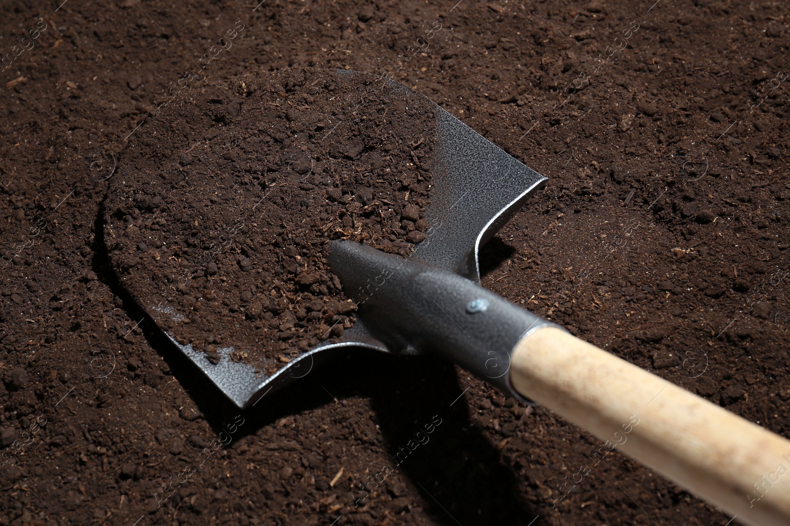 Metal shovel on fertile soil. Gardening tool Photo of Metal shovel on fertile soil. Gardening tool