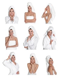 Collage with photos of beautiful young woman with towels on white background