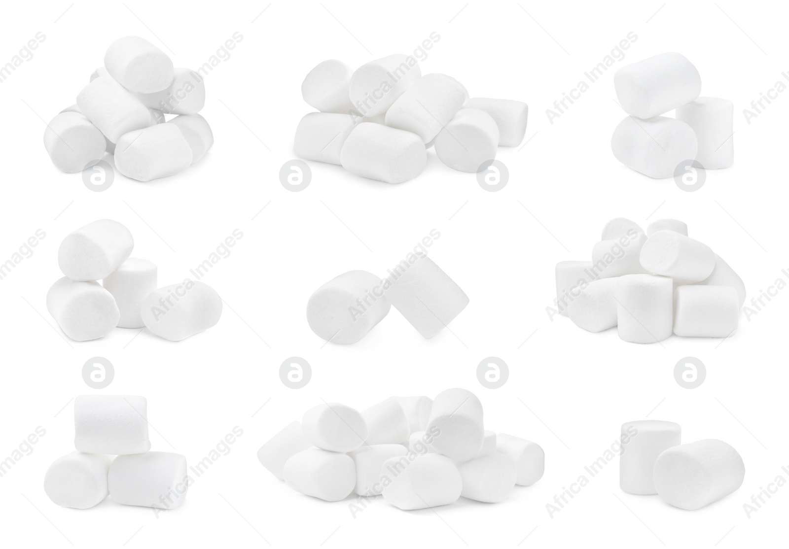 Image of Set with delicious sweet puffy marshmallows on white background 