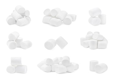 Image of Set with delicious sweet puffy marshmallows on white background 