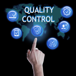 Image of Quality control service. Man using virtual screen, closeup