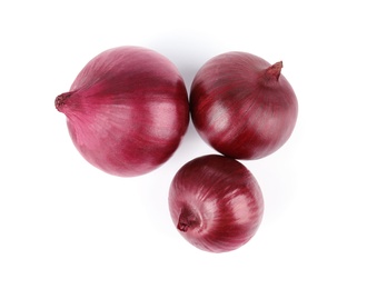 Photo of Fresh whole red onions on white background, top view